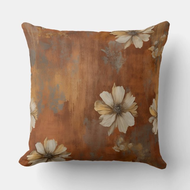 Coussin Fleur de maison de campagne orange brûlé beige gri (Recto)