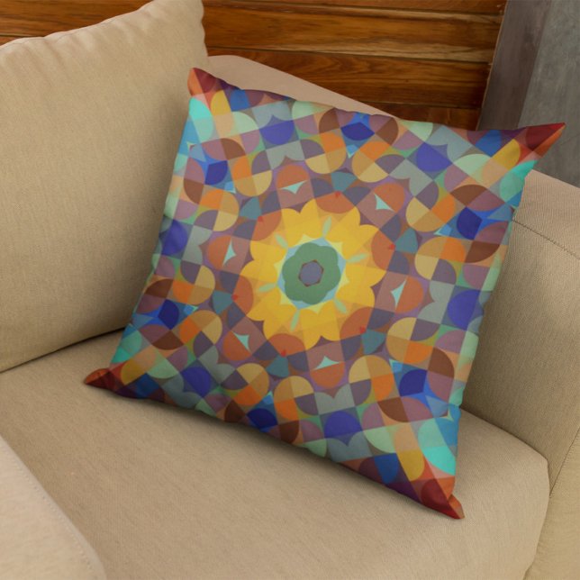 Coussin Fleur de Mandala rétro orange bleu et vert (Créateur téléchargé)