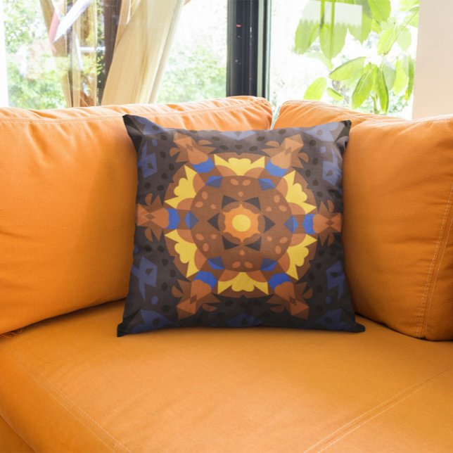 Coussin Fleur de Mandala rétro orange jaune et bleu (Créateur téléchargé)