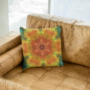 Coussin Fleur de Mandala rétro orange jaune et vert