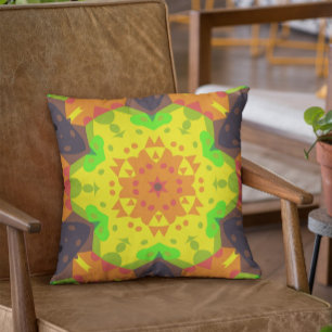 Coussin Fleur de Mandala rétro orange jaune et vert