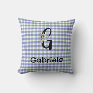 Coussin Fleur de monogramme à motif gingham bleu vert
