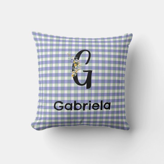 Coussin Fleur de monogramme à motif gingham bleu vert (Recto)