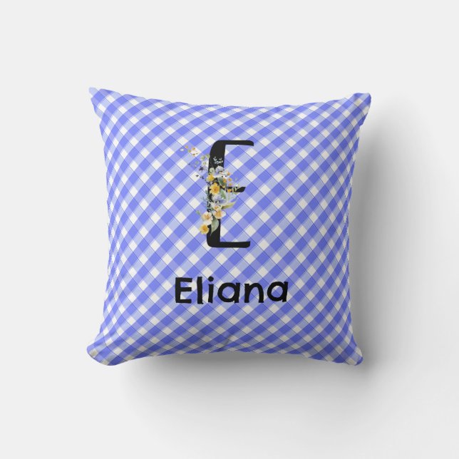 Coussin Fleur de monogramme aquarelle gingham bleu minimal (Recto)