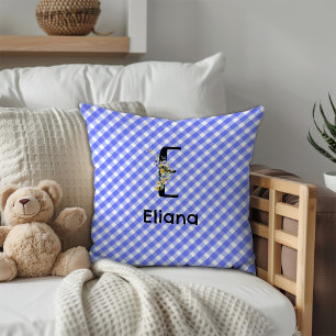Coussin Fleur de monogramme aquarelle gingham bleu minimal