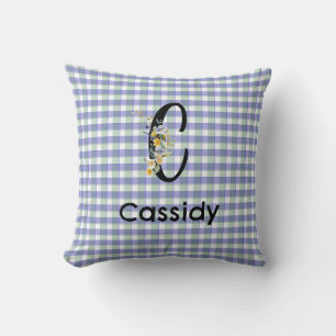Coussin Fleur de monogramme en vichy bleu vert motif