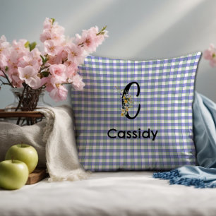 Coussin Fleur de monogramme en vichy bleu vert motif