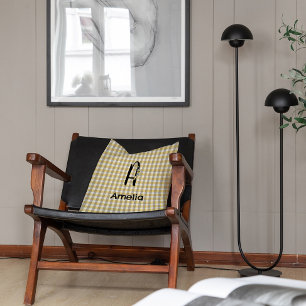 Coussin Fleur de monogramme en vichy motif gris jaune