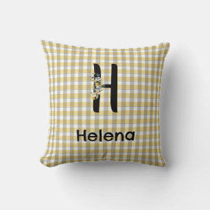 Coussin Fleur de monogramme gingham jaune gris motif