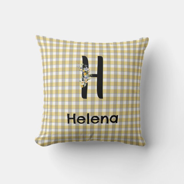 Coussin Fleur de monogramme gingham jaune gris motif (Recto)