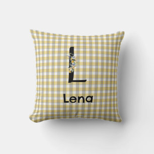 Coussin Fleur de monogramme motif gingham jaune gris