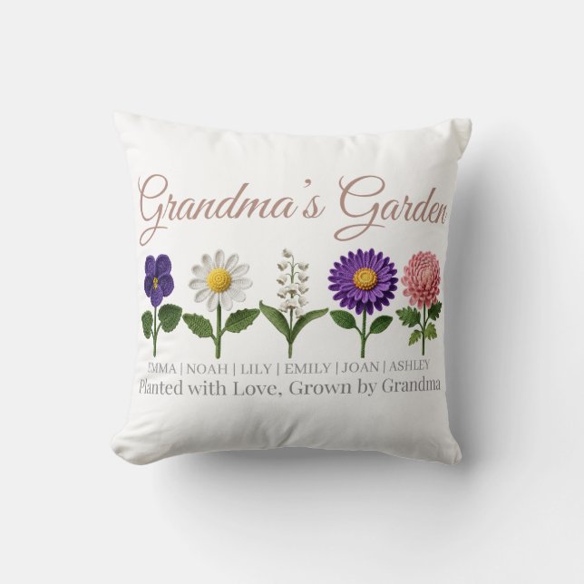 Coussin Fleur de naissance personnalisée au crochet de gra (Recto)
