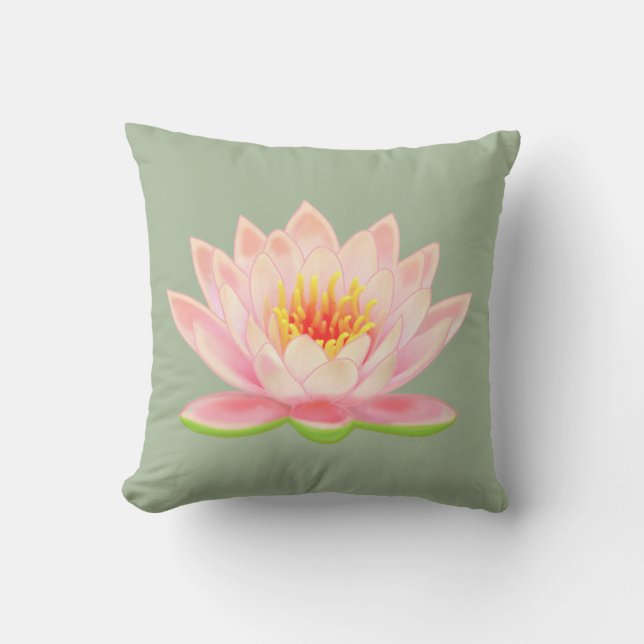 Coussin Fleur de nénuphar rose sur laurier vert (Recto)