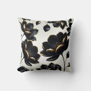 Coussin Fleur de Noir et Or Greige Élégant Sombre Humeur