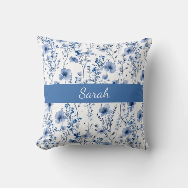 Coussin Fleur de nom de fleur sauvage à l'aquarelle bleue  (Recto)