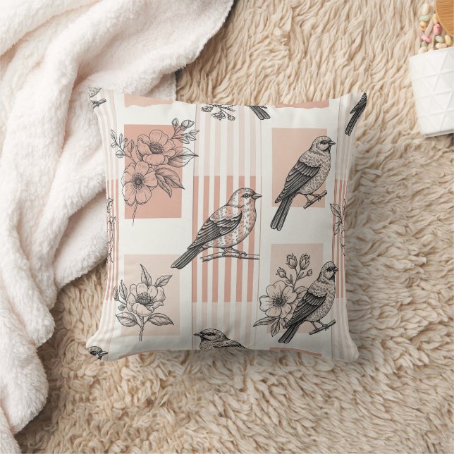 Coussin Fleur de oiseau vintage Toile Rayure (2) (Couverture)