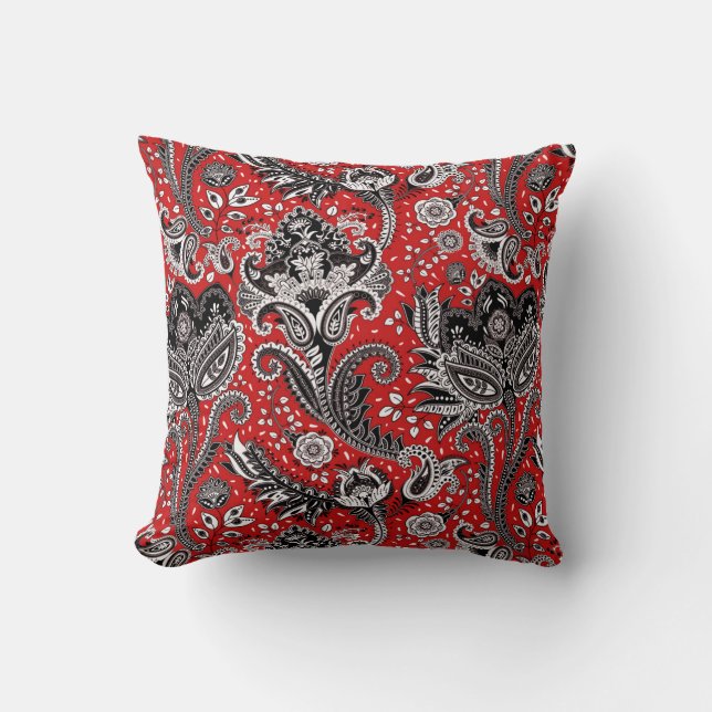 Coussin Fleur de Paisley Rouge Noir et Blanc Bohème Boho (Recto)