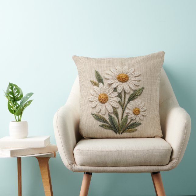 Coussin Fleur de Pâquerette Brodée (Chaise)
