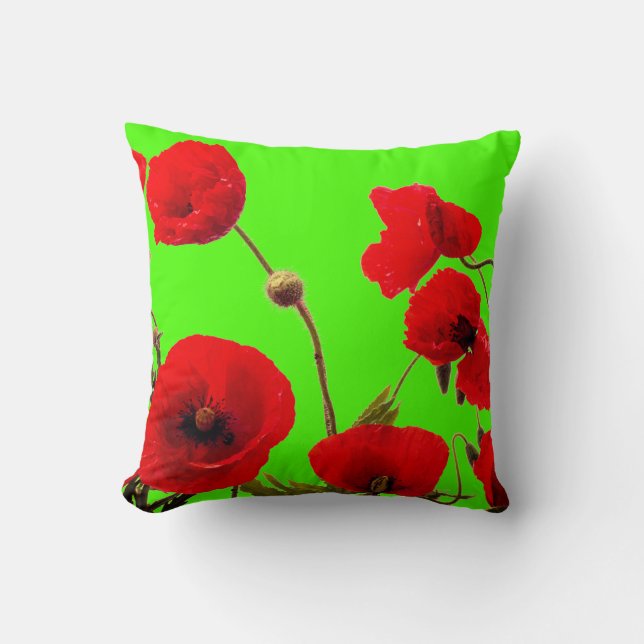 Coussin Fleur de pavot rouge coloré vert néon brillant Flo (Recto)