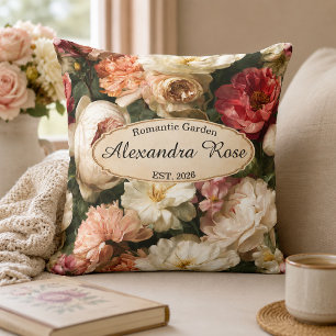Coussin Fleur de Pivoine et Rose aquarelle romantique pers