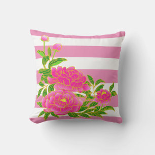 Coussin Fleur de pivoine rose sur fond rayé d'été