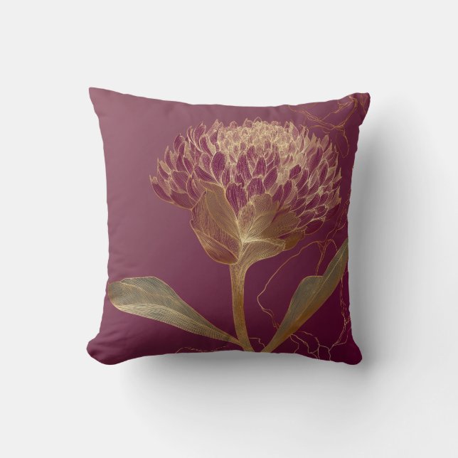 Coussin Fleur de Protéa dorée Bourgogne Dessin botanique (Recto)