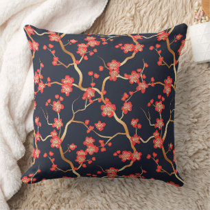 Coussin Fleur de prunier rouge bronze doré marine Floral