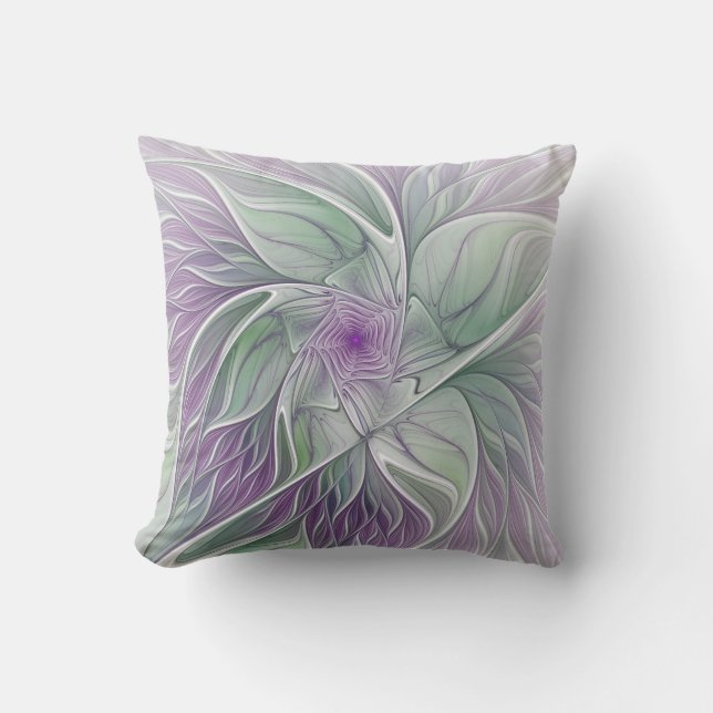 Coussin Fleur de rêve, art fractal abstrait violet vert (Recto)
