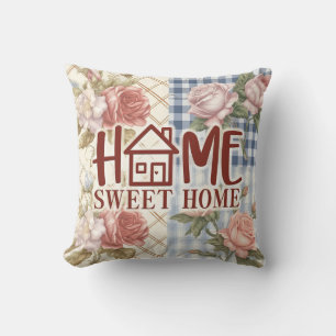 Coussin Fleur de rose à carreaux Home Sweet Home pour pend