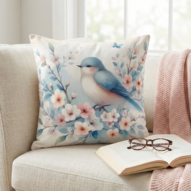 Coussin Fleur de Rouge-gorge Aquarelle Sérénité (Bluebird Blossom Watercolor Serenity Throw Pillow Mockup A)