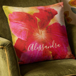 Coussin Fleur de style rétro personnalisée aquarelle rouge