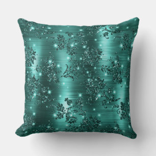 Coussin Fleur de style sarcelle pailletée et brillante ave