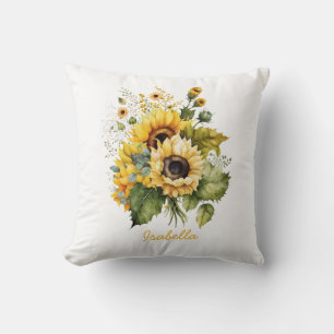 Coussin Fleur de tournesol à l'aquarelle personnalisée