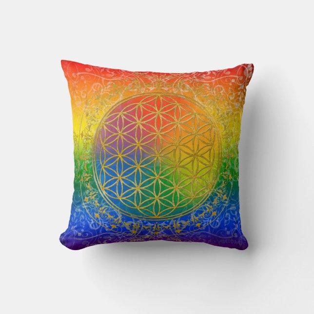 Coussin Fleur de vie - Ornement Arc-en-ciel or (Recto)