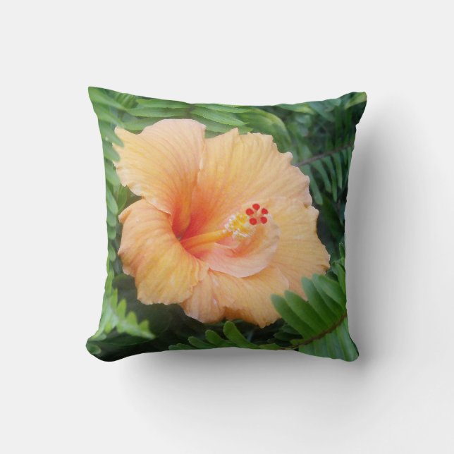 Coussin Fleur d'Hibiscus orange avec des fougères (Recto)