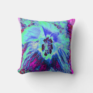 Coussin Fleur d'Hibiscus Psychedelique Rétro Verte et Bleu