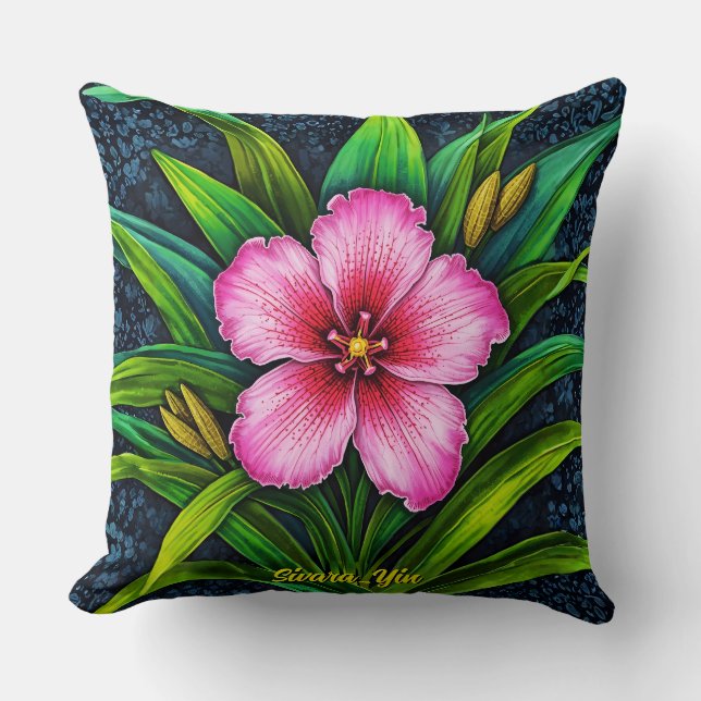 Coussin Fleur d'Hibiscus Rose - Exotique Tropicale  (Recto)
