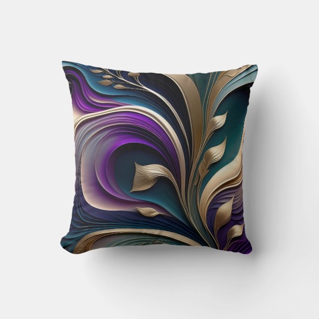 Coussin Fleur Dorée - Flore Abstraite Violet Foncé et Turq (Recto)