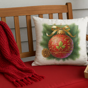 Coussin Fleur dorée Ornement rouge & Pin