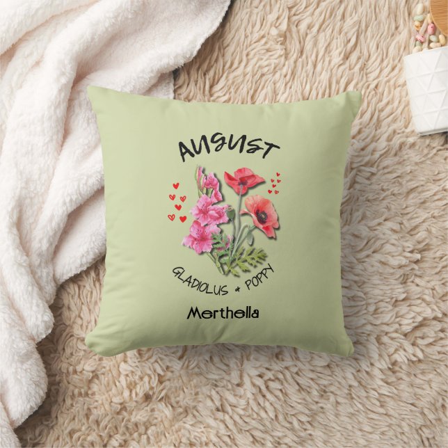 Coussin Fleur du mois de naissance AOÛT PERSONNALISÉ VERT (Couverture)