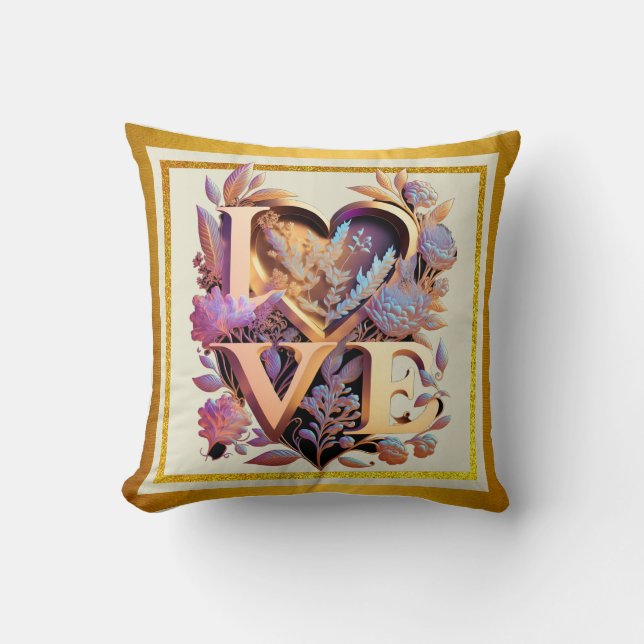 Coussin Fleur Élégante, Cœur et Amour Doré (Recto)