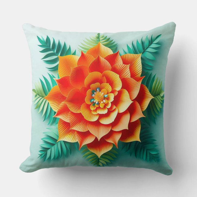 Coussin 🌼 Fleur en papier orange jaune décoration de cham (Recto)