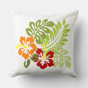Coussin Fleur Feuilles tropicaux Hibiscus Hawaii Rouge Ora