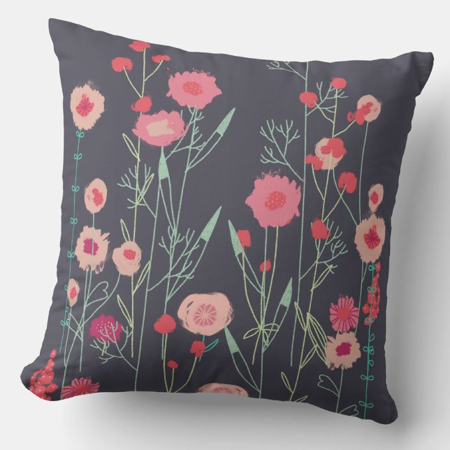 Coussin Fleur foncé (Dark floral wildflower throw pillow)