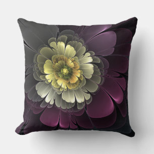 Coussin Fleur fractale grise et pourpre moderne abstraite