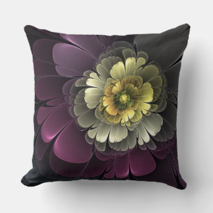 Coussin Fleur fractale grise et pourpre moderne abstraite