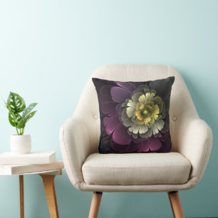 Coussin Fleur fractale grise et pourpre moderne abstraite