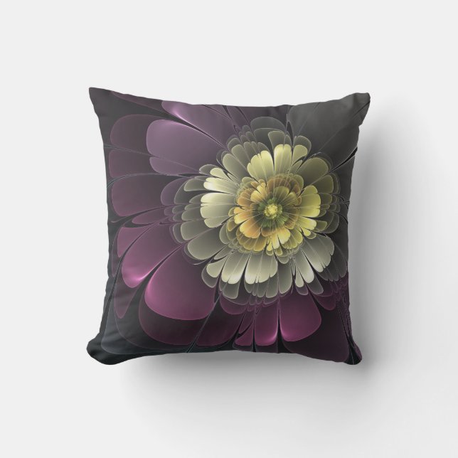Coussin Fleur fractale grise et pourpre moderne abstraite (Recto)