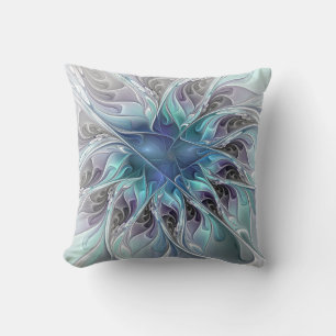 Coussin Fleur fractale moderne abstraite avec du bleu