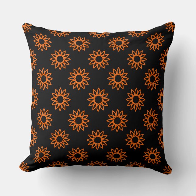 Coussin Fleur géométrique 01 - orange sur noir (Recto)